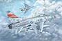 An artistic illustration of two silver F-100 Super Sabre fighter jets flying through a cloudy blue sky.