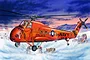 Box art illustration of a bright orange US Navy UH-34D Seahorse helicopter in an arctic landscape with personnel and a snow vehicle.