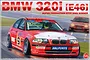 Box art for a NuNu 1/24 scale BMW 320i E46 model kit, featuring an illustration of the red and white race car on a track.