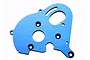 A blue anodized aluminium motor plate for Traxxas RC vehicles, featuring various mounting holes and a curved shape.
