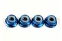 Four blue anodized aluminium flanged nyloc nuts arranged in a horizontal row on a white background.