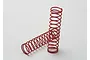 Two red coil-over shock springs for Traxxas RC vehicles, one standing upright and one lying horizontally on a white background.