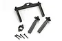 Traxxas body mount set including a U-shaped mount, two vertical posts, a small bracket, and four screws on a white background.