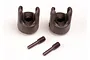 Two black differential output yokes and two threaded grub-pin screws for Traxxas RC vehicles.