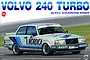 Box art for a NuNu 1/24 scale Volvo 240 Turbo model kit featuring a white race car with blue and black livery on a track.