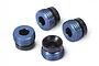 Four blue anodized aluminium pivot ball caps for Traxxas RC vehicles, shown from various angles on a white background.
