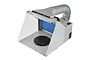 Hseng HS-E420DCLK portable airbrush spray booth with a folding translucent hood, blue filter, black rotating turntable, and flexible exhaust hose.