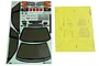 Tamiya 1/10 Nissan R32 GT-R decal sheet and yellow window masking sheet on a white background.