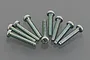 A collection of ten Tamiya 2x12mm coarse thread binder head screws arranged on a grey surface.