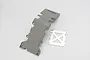 A grey plastic Traxxas rear skid plate and a separate stainless steel reinforcement plate on a white background.