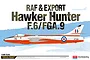 Academy 1/48 scale Hawker Hunter F.6/FGA.9 model kit box art featuring a side profile illustration of a red and white RAF aircraft.
