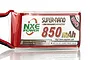 NXE Power Super-Nano 850mAh 30C LiPo battery pack with red shrink wrap and visible wiring.
