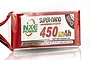 A red NXE Super-Nano 450mAh 30C LiPo battery pack with a white label showing specifications and a 7.4V indicator.