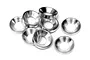 A small pile of eight silver-coloured aluminium concave washers for RC cars.