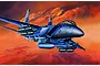 An artistic illustration of a USAF F-15E Strike Eagle fighter jet flying over a desert landscape at sunset.