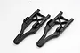 Two black plastic lower suspension arms for a Traxxas RC vehicle, shown from an overhead angle against a white background.