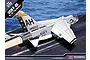 Box art for an Academy 1/72 scale USN F-8E VF-162 The Hunters plastic model kit showing the aircraft taking off from an aircraft carrier deck.
