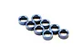 Eight small blue anodized aluminium spacers arranged in a cluster on a white background.