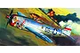 Box art illustration of an Academy 1/72 scale P-47D Thunderbolt fighter plane in flight over a burning train.