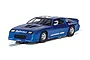 A blue Scalextric 1/32 scale Chevrolet Camaro IROC-Z slot car with number 22 and Budweiser branding on a white background.