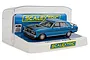A 1/32 scale Scalextric Ford XY Falcon GT-HO Phase III slot car in electric blue, displayed inside its clear plastic and white base packaging.