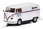 A 1/32 scale Scalextric VW Panel Van T1B slot car in white with Brumos Racing livery, featuring red and blue stripes and detailed branding.