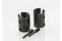 Two black metal CV drive cups and two matching grub-pin screws for Traxxas RC vehicles on a white background.