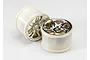 Two Traxxas 3.8 inch split-spoke RC truck rims with chrome faces and off-white plastic barrels against a white background.