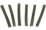 Six individual replacement metal braid strips for Scalextric slot cars arranged in a row on a white background.