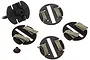 A set of four black Scalextric digital slot car guide blades with braided metal contacts and a small mounting screw on a white background.