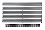 Five grey Scalextric track side barriers and a row of small black plastic clips arranged on a white background.
