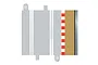 A top-down digital illustration of a Scalextric slot car track border section with a red and white striped curb.