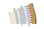 A top-down digital illustration of a Scalextric curved track section with an outer border and barrier.