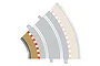 A top-down digital illustration of a Scalextric 45-degree curved track piece with inner and outer borders attached.