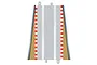 A Scalextric slot car track lead-in/lead-out section with red and white striped borders and grey barriers on a white background.