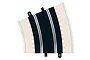 A top-down view of a single Scalextric R4 curved track piece with white and red striped borders on a white background.