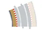 A top-down view of a Scalextric curved track piece with inner and outer borders and red and white rumble strips.