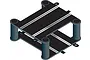 An isometric view of a Scalextric elevated track crossover piece with black track surfaces and grey support pillars.