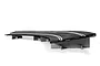 Two pieces of Scalextric banked curve track connected together, supported by grey plastic risers against a white background.