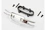 Traxxas chrome front bumper with black plastic mount and four mounting screws on a white background.