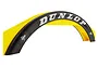 A Scalextric 1/32 scale Dunlop bridge accessory for slot car tracks, featuring a black arched bridge with white Dunlop branding on a yellow support structure.