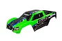 A green and black pre-painted Traxxas X-Maxx RC truck body shell with blue accents and X-Maxx branding on a white background.