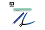 Vallejo 3-piece basic plastic preparation modelling tool set including a hobby knife, side cutters, and a sanding block.