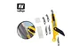 Vallejo retractable plastic cutter and scriber tool with five spare blades and a protective case, shown with a circular inset demonstrating use on a model.