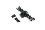 A black aluminium front differential axle housing for an RC crawler, shown with a set of small mounting screws on a white background.