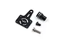 Yeah Racing black aluminium spare tyre mount for SCX24 Jeep Wrangler, including mounting plate, post, and two screws on a white background.