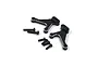Two black aluminium adjustable rear shock towers for RC cars with accompanying black screws on a white background.