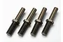 Four Traxxas aluminium rocker arm posts with threaded ends and smooth shafts, arranged in a row against a white background.