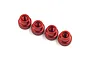 Four red anodized aluminium knurled setup system lock nuts arranged in a row against a white background.