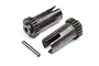 Two metal differential outdrive cups with integrated gears and a single steel pin on a white background.